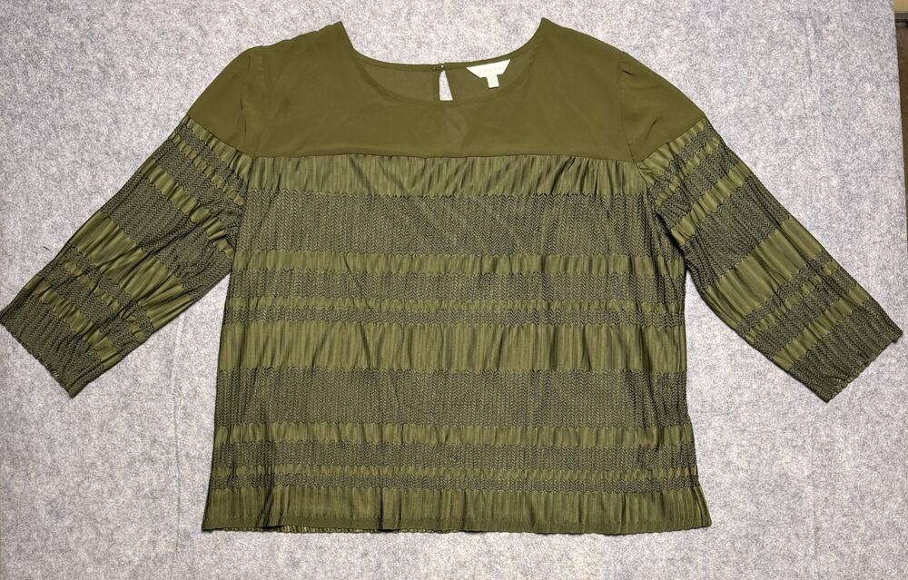 ADIVA Olive Green Pleated Blouse Women's 2XL 3/4 Sleeve Sheer Yoke Keyhole